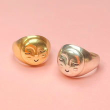 Load image into Gallery viewer, Gold and silver moon face signets on pink background