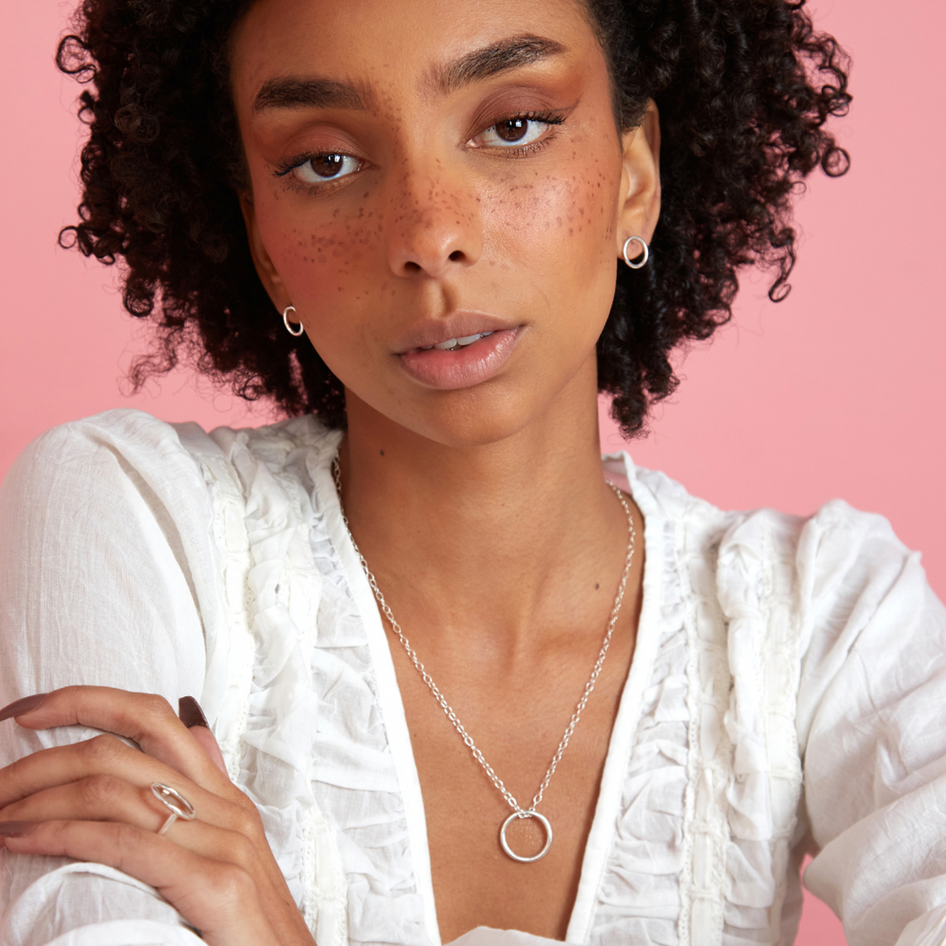 Model wearing silver new moon collection