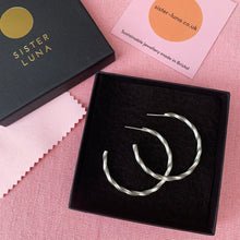Load image into Gallery viewer, Silver Twisted hoops in a Sister Luna gift box
