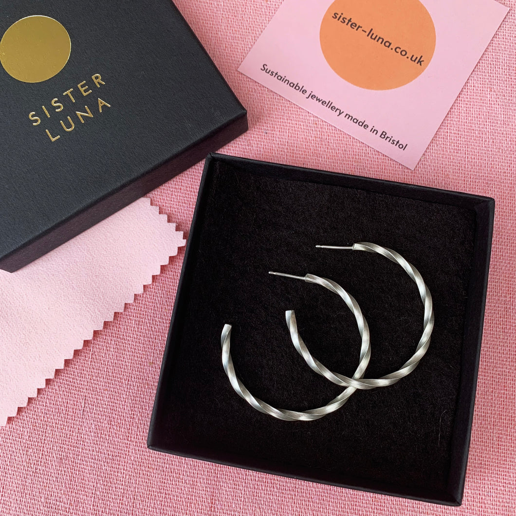 Silver Twisted hoops in a Sister Luna gift box
